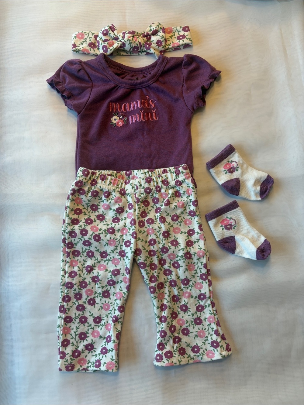 Baby Essentials Purple Floral Set with Headband and Socks